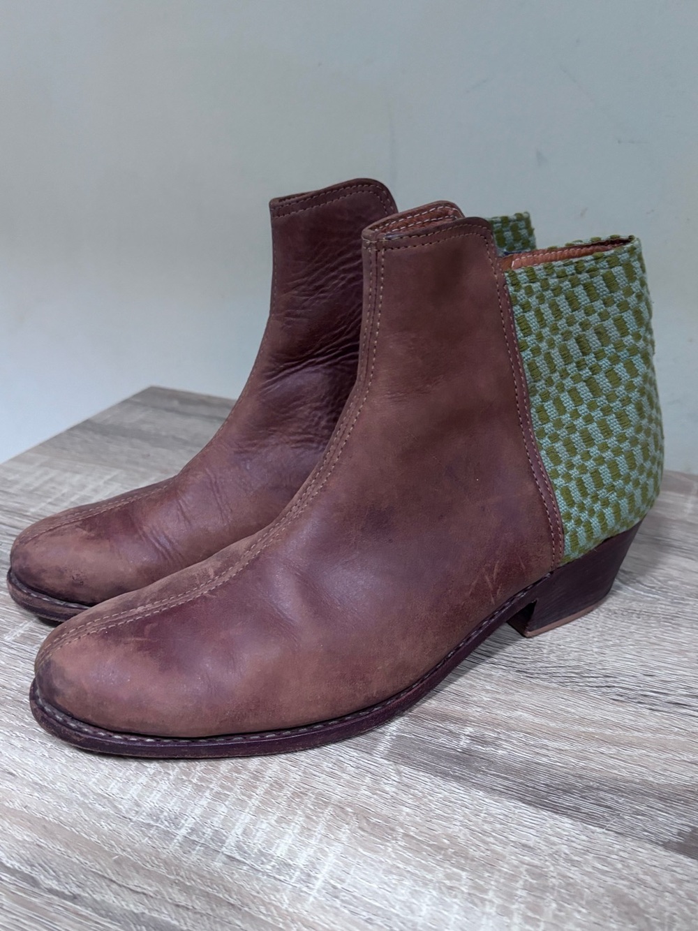 The Root Collective Brown Leather Ankle Booties with Green Woven Back